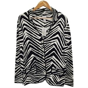 Chico's Silk Cotton Cardigan Sweater Medium Black White Zebra Grandmacore Relaxe